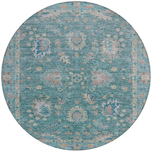 HomeRoots 5' Teal Blue and Beige Floral Area Rug - Washable, Stain-Resistant for Indoor & Outdoor Use 8' Round 631655