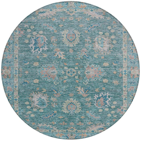 HomeRoots 5' Teal Blue and Beige Floral Area Rug - Washable, Stain-Resistant for Indoor & Outdoor Use 8' Round 631655