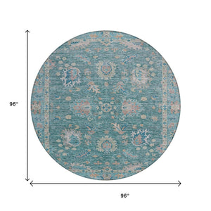 HomeRoots 5' Teal Blue and Beige Floral Area Rug - Washable, Stain-Resistant for Indoor & Outdoor Use 8' Round 631655