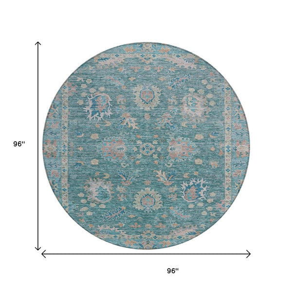 HomeRoots 5' Teal Blue and Beige Floral Area Rug - Washable, Stain-Resistant for Indoor & Outdoor Use 8' Round 631655
