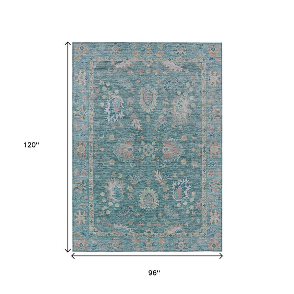 HomeRoots 5' Teal Blue and Beige Floral Area Rug - Washable, Stain-Resistant for Indoor & Outdoor Use 8' X 10' 631656