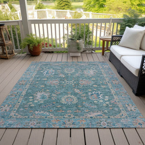 HomeRoots 5' Teal Blue and Beige Floral Area Rug - Washable, Stain-Resistant for Indoor & Outdoor Use 8' X 10' 631656