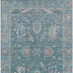 HomeRoots 5' Teal Blue and Beige Floral Area Rug - Washable, Stain-Resistant for Indoor & Outdoor Use 9' X 12' 631657