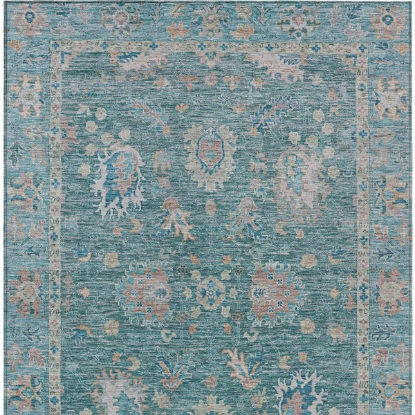HomeRoots 5' Teal Blue and Beige Floral Area Rug - Washable, Stain-Resistant for Indoor & Outdoor Use 9' X 12' 631657