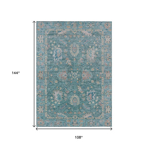 HomeRoots 5' Teal Blue and Beige Floral Area Rug - Washable, Stain-Resistant for Indoor & Outdoor Use 9' X 12' 631657