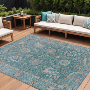 HomeRoots 5' Teal Blue and Beige Floral Area Rug - Washable, Stain-Resistant for Indoor & Outdoor Use 9' X 12' 631657