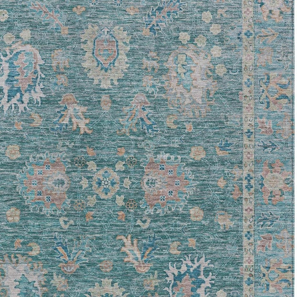 HomeRoots 5' Teal Blue and Beige Floral Area Rug - Washable, Stain-Resistant for Indoor & Outdoor Use 9' X 12' 631657