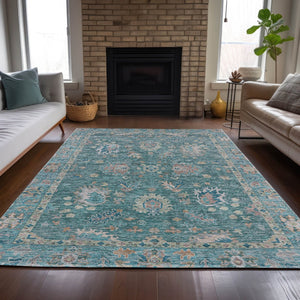 HomeRoots 5' Teal Blue and Beige Floral Area Rug - Washable, Stain-Resistant for Indoor & Outdoor Use 9' X 12' 631657