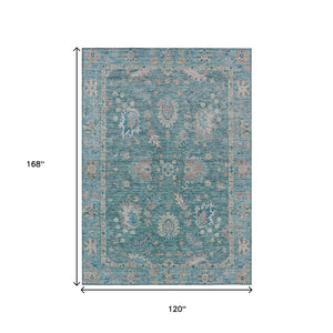 HomeRoots 5' Teal Blue and Beige Floral Area Rug - Washable, Stain-Resistant for Indoor & Outdoor Use 10' X 14' 631658