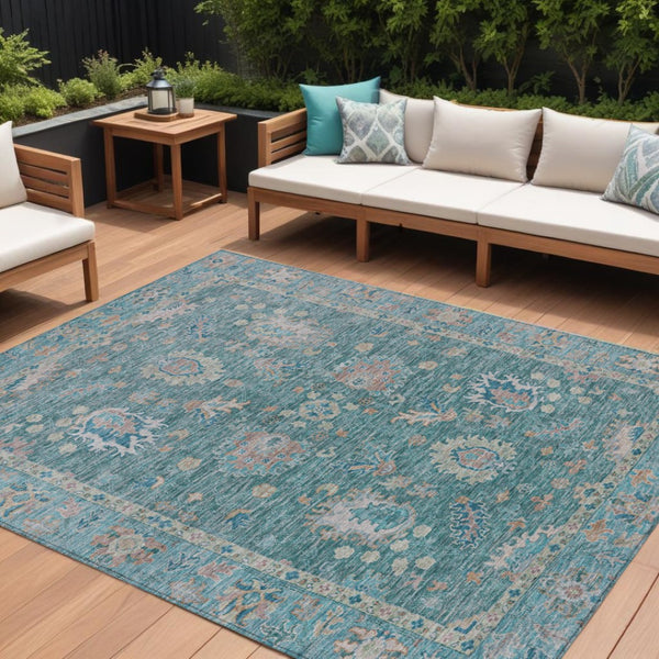 HomeRoots 5' Teal Blue and Beige Floral Area Rug - Washable, Stain-Resistant for Indoor & Outdoor Use 10' X 14' 631658