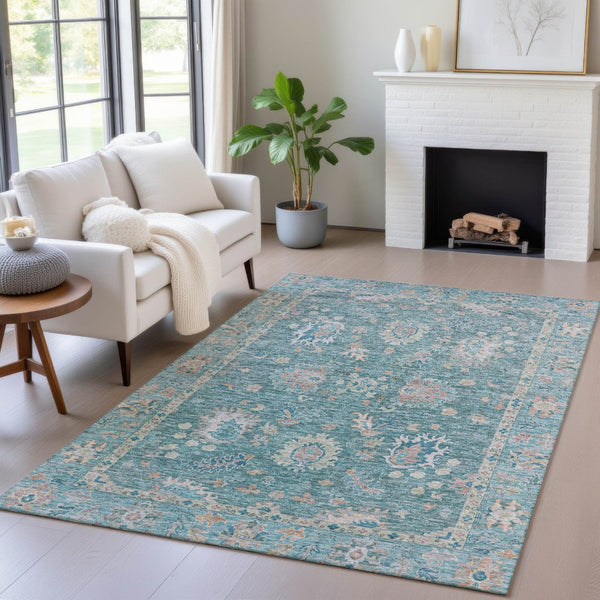 HomeRoots 5' Teal Blue and Beige Floral Area Rug - Washable, Stain-Resistant for Indoor & Outdoor Use 10' X 14' 631658