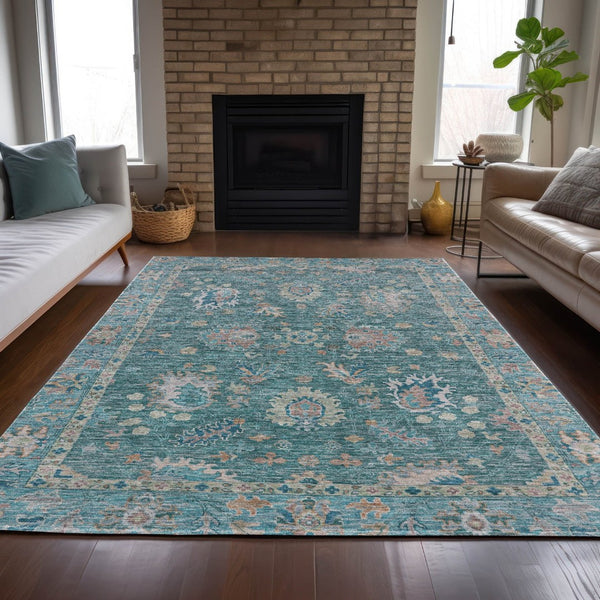HomeRoots 5' Teal Blue and Beige Floral Area Rug - Washable, Stain-Resistant for Indoor & Outdoor Use 10' X 14' 631658