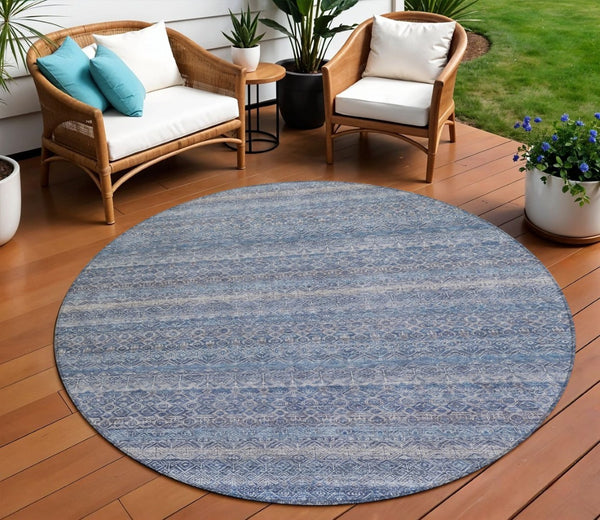 HomeRoots 5' Stylish Blue and Sky Blue Striped Washable Area Rug for Indoor and Outdoor High-Traffic Spaces 8' Round 631667