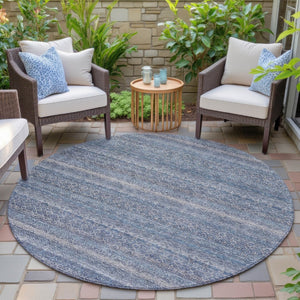 HomeRoots 5' Stylish Blue and Sky Blue Striped Washable Area Rug for Indoor and Outdoor High-Traffic Spaces 8' Round 631667