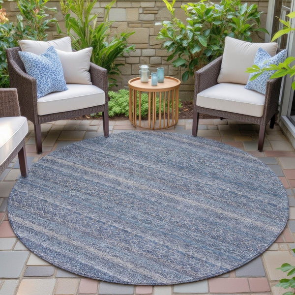 HomeRoots 5' Stylish Blue and Sky Blue Striped Washable Area Rug for Indoor and Outdoor High-Traffic Spaces 8' Round 631667