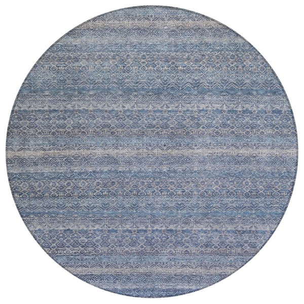 HomeRoots 5' Stylish Blue and Sky Blue Striped Washable Area Rug for Indoor and Outdoor High-Traffic Spaces 8' Round 631667