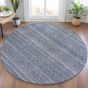 HomeRoots 5' Stylish Blue and Sky Blue Striped Washable Area Rug for Indoor and Outdoor High-Traffic Spaces 8' Round 631667