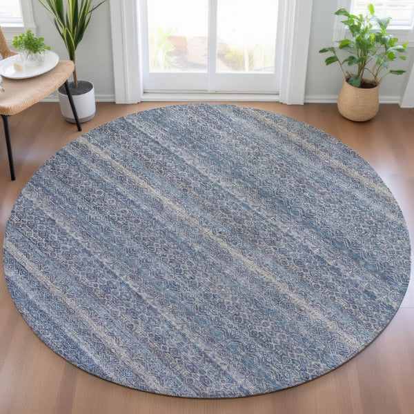 HomeRoots 5' Stylish Blue and Sky Blue Striped Washable Area Rug for Indoor and Outdoor High-Traffic Spaces 8' Round 631667