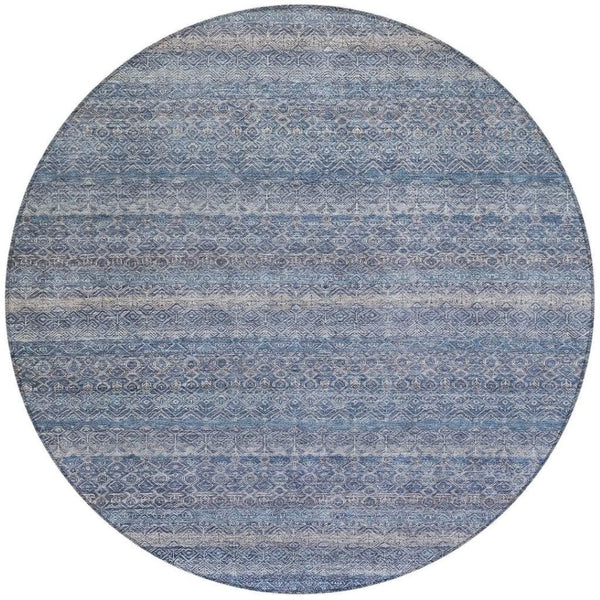HomeRoots 5' Stylish Blue and Sky Blue Striped Washable Area Rug for Indoor and Outdoor High-Traffic Spaces 8' Round 631667