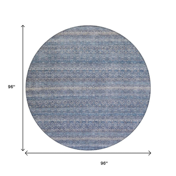 HomeRoots 5' Stylish Blue and Sky Blue Striped Washable Area Rug for Indoor and Outdoor High-Traffic Spaces 8' Round 631667