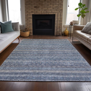 HomeRoots 5' Stylish Blue and Sky Blue Striped Washable Area Rug for Indoor and Outdoor High-Traffic Spaces 8' X 10' 631668