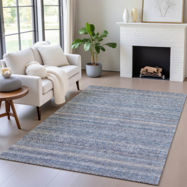 HomeRoots 5' Stylish Blue and Sky Blue Striped Washable Area Rug for Indoor and Outdoor High-Traffic Spaces 9' X 12' 631669