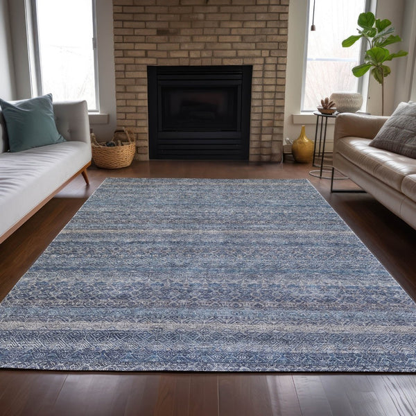 HomeRoots 5' Stylish Blue and Sky Blue Striped Washable Area Rug for Indoor and Outdoor High-Traffic Spaces 10' X 14' 631670