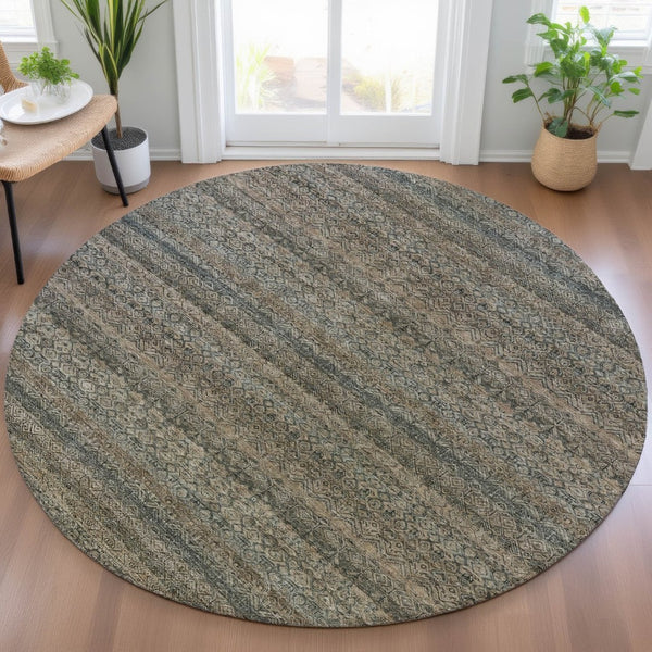 HomeRoots 5' Stylish Chocolate and Gray Striped Indoor-Outdoor Area Rug – Durable, Washable, and Versatile 8' Round 631673