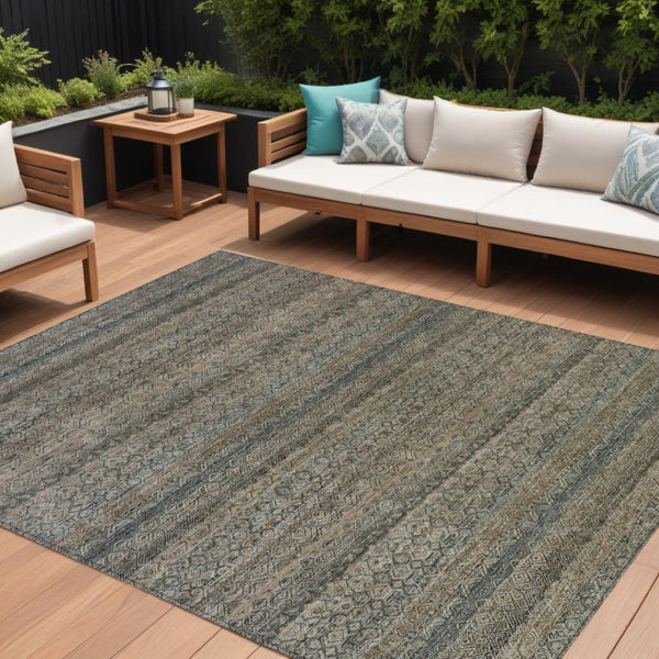 HomeRoots 5' Stylish Chocolate and Gray Striped Indoor-Outdoor Area Rug – Durable, Washable, and Versatile 9' X 12' 631675