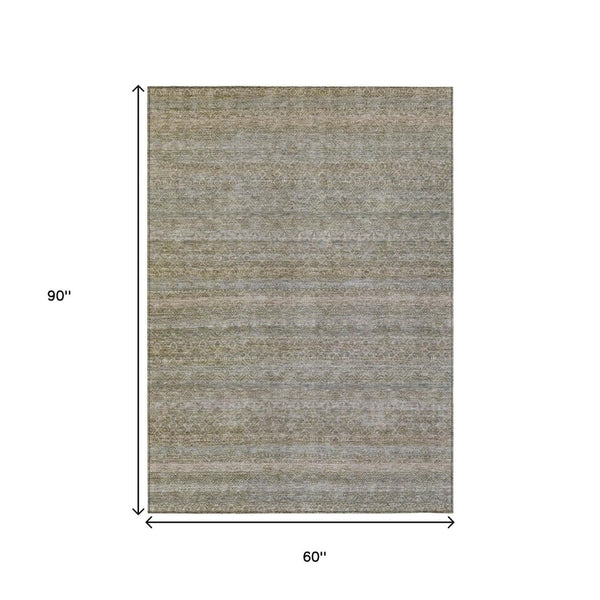HomeRoots 5' Durable Khaki and Beige Striped Area Rug - Stylish, Washable, Indoor-Outdoor Comfort for Any Space 5' X 8' 631678