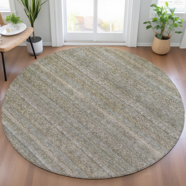 HomeRoots 5' Durable Khaki and Beige Striped Area Rug - Stylish, Washable, Indoor-Outdoor Comfort for Any Space 8' Round 631679