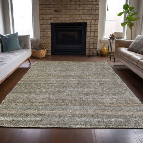 HomeRoots 5' Durable Khaki and Beige Striped Area Rug - Stylish, Washable, Indoor-Outdoor Comfort for Any Space 10' X 14' 631682