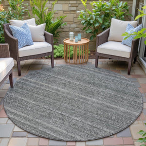HomeRoots 5' Stylish Pewter and Gray Striped Washable Area Rug for Indoor and Outdoor Spaces - Durable Design 8' Round 631691