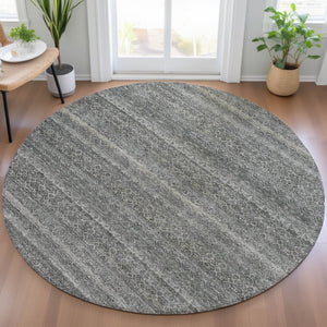 HomeRoots 5' Stylish Pewter and Gray Striped Washable Area Rug for Indoor and Outdoor Spaces - Durable Design 8' Round 631691