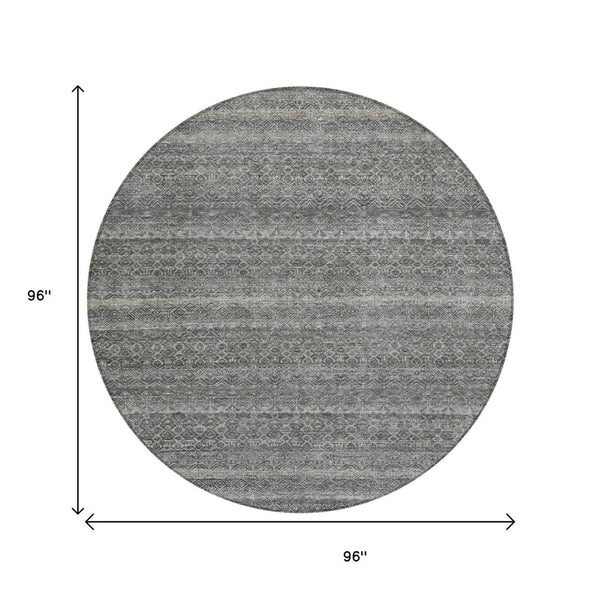 HomeRoots 5' Stylish Pewter and Gray Striped Washable Area Rug for Indoor and Outdoor Spaces - Durable Design 8' Round 631691