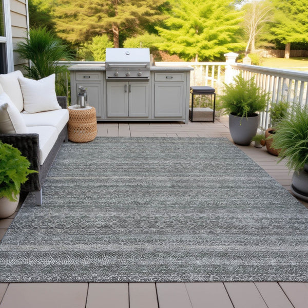 HomeRoots 5' Stylish Pewter and Gray Striped Washable Area Rug for Indoor and Outdoor Spaces - Durable Design 9' X 12' 631693