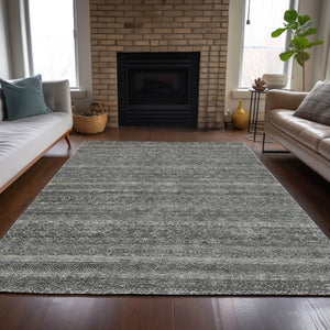 HomeRoots 5' Stylish Pewter and Gray Striped Washable Area Rug for Indoor and Outdoor Spaces - Durable Design 9' X 12' 631693