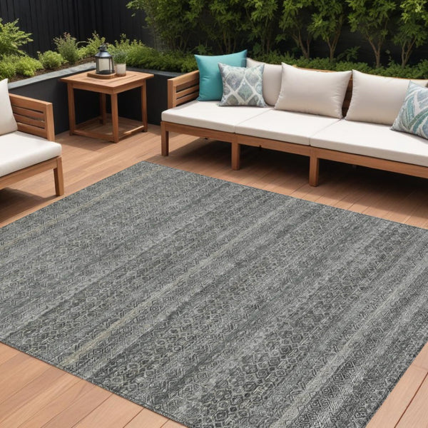 HomeRoots 5' Stylish Pewter and Gray Striped Washable Area Rug for Indoor and Outdoor Spaces - Durable Design 10' X 14' 631694