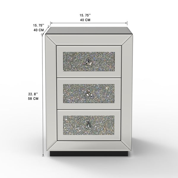 English Elm 3-drawer Mirrored Nightstand with Glitter Glam Silver Finish for Bedroom or Entryway W3935P462091