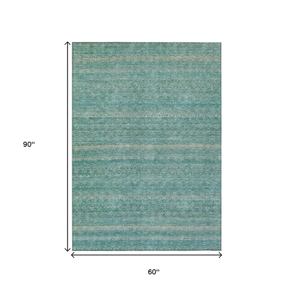 HomeRoots 5' Stylish Teal Blue and Beige Striped Area Rug – Durable, Washable, Ideal for Indoor and Outdoor Use 5' X 8' 631702