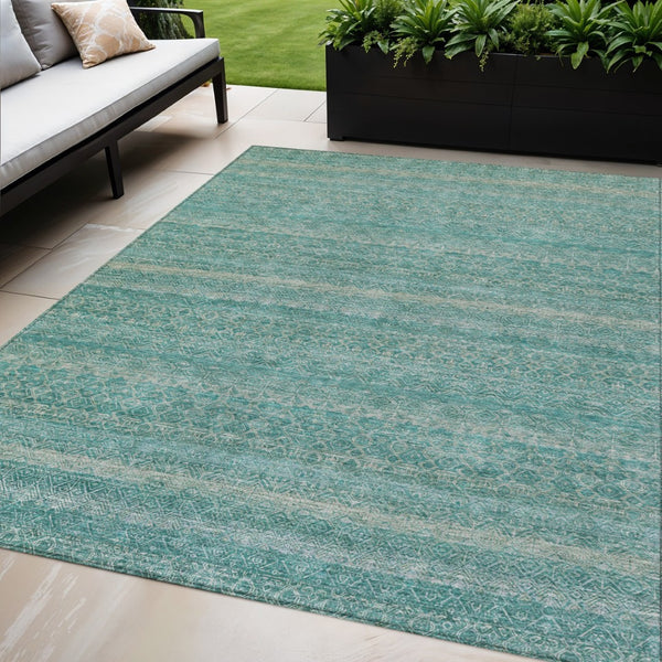 HomeRoots 5' Stylish Teal Blue and Beige Striped Area Rug – Durable, Washable, Ideal for Indoor and Outdoor Use 5' X 8' 631702