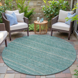HomeRoots 5' Stylish Teal Blue and Beige Striped Area Rug – Durable, Washable, Ideal for Indoor and Outdoor Use 8' Round 631703