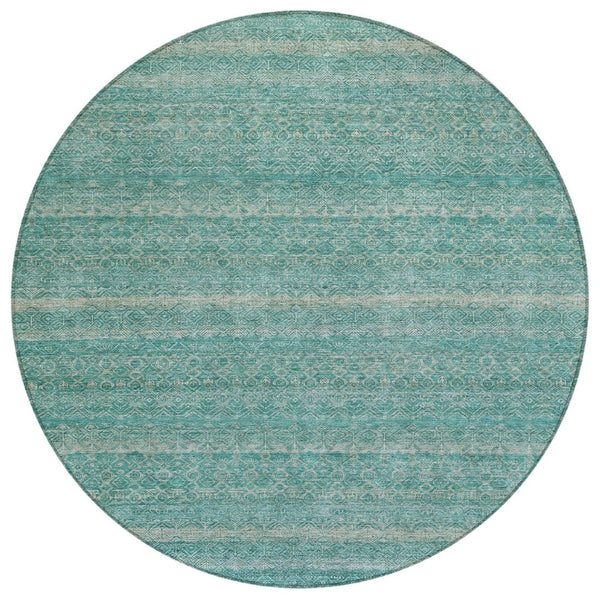 HomeRoots 5' Stylish Teal Blue and Beige Striped Area Rug – Durable, Washable, Ideal for Indoor and Outdoor Use 8' Round 631703