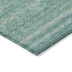 HomeRoots 5' Stylish Teal Blue and Beige Striped Area Rug – Durable, Washable, Ideal for Indoor and Outdoor Use 8' Round 631703