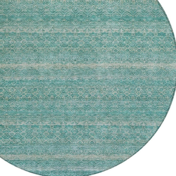 HomeRoots 5' Stylish Teal Blue and Beige Striped Area Rug – Durable, Washable, Ideal for Indoor and Outdoor Use 8' Round 631703