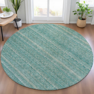 HomeRoots 5' Stylish Teal Blue and Beige Striped Area Rug – Durable, Washable, Ideal for Indoor and Outdoor Use 8' Round 631703