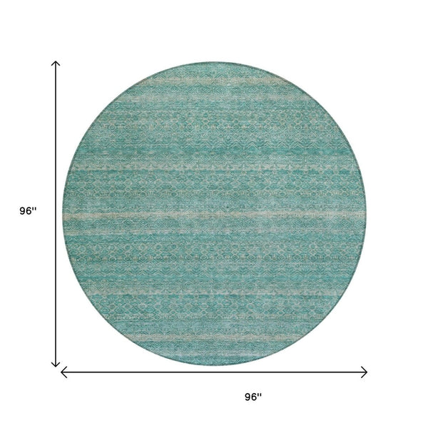 HomeRoots 5' Stylish Teal Blue and Beige Striped Area Rug – Durable, Washable, Ideal for Indoor and Outdoor Use 8' Round 631703