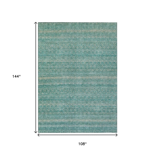 HomeRoots 5' Stylish Teal Blue and Beige Striped Area Rug – Durable, Washable, Ideal for Indoor and Outdoor Use 9' X 12' 631705