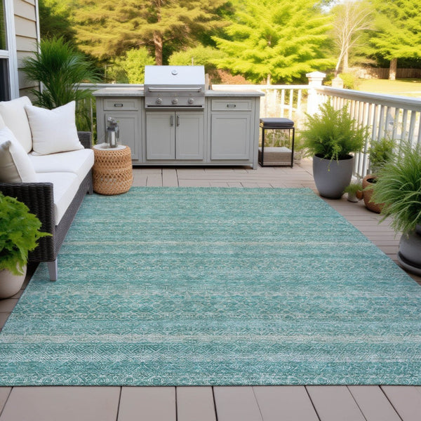 HomeRoots 5' Stylish Teal Blue and Beige Striped Area Rug – Durable, Washable, Ideal for Indoor and Outdoor Use 9' X 12' 631705