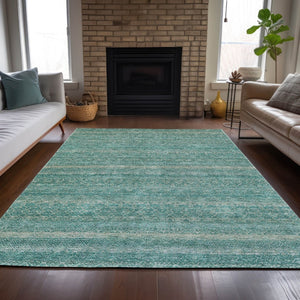 HomeRoots 5' Stylish Teal Blue and Beige Striped Area Rug – Durable, Washable, Ideal for Indoor and Outdoor Use 9' X 12' 631705